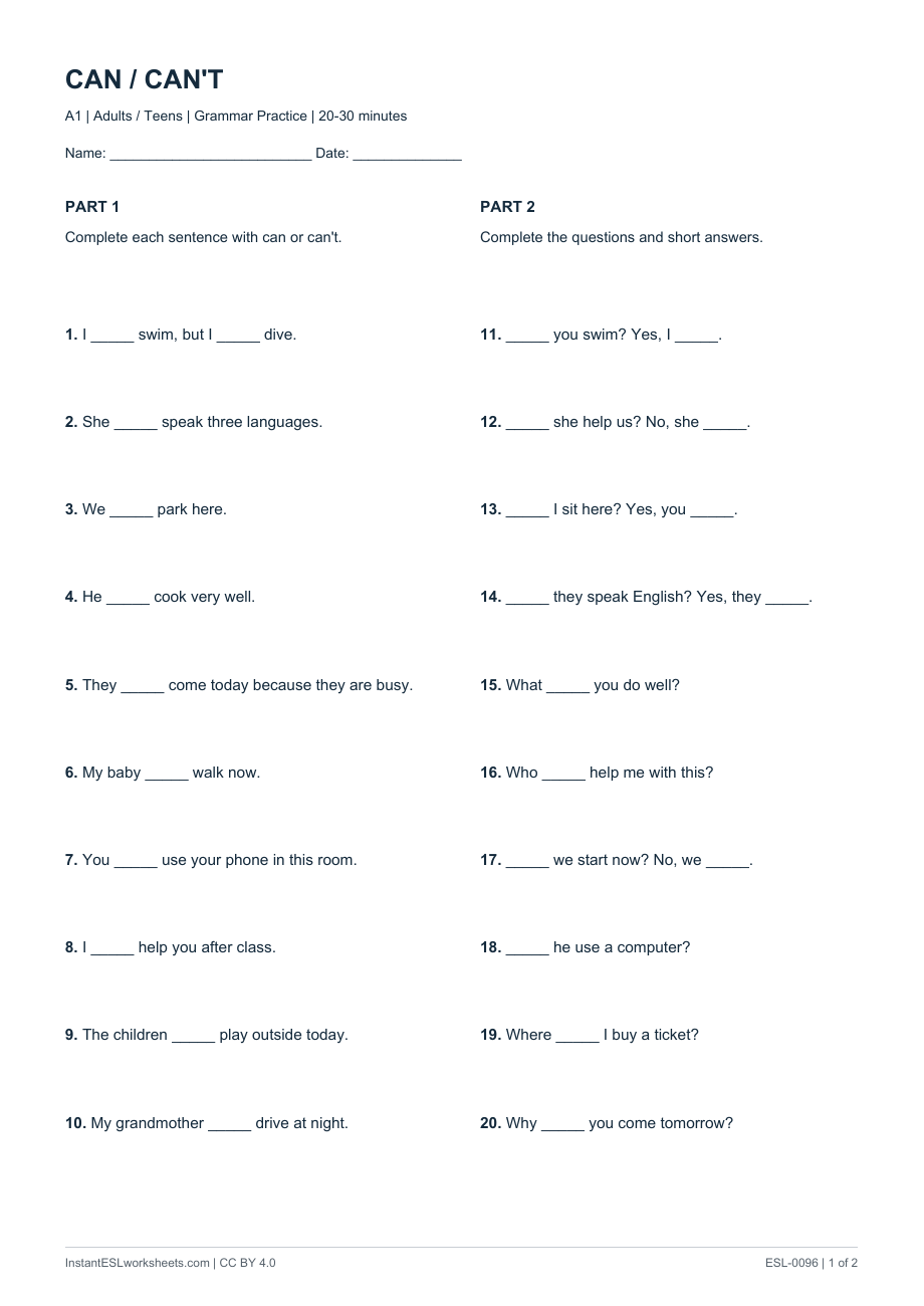 Page 1 of Can / Can't - Question Practice