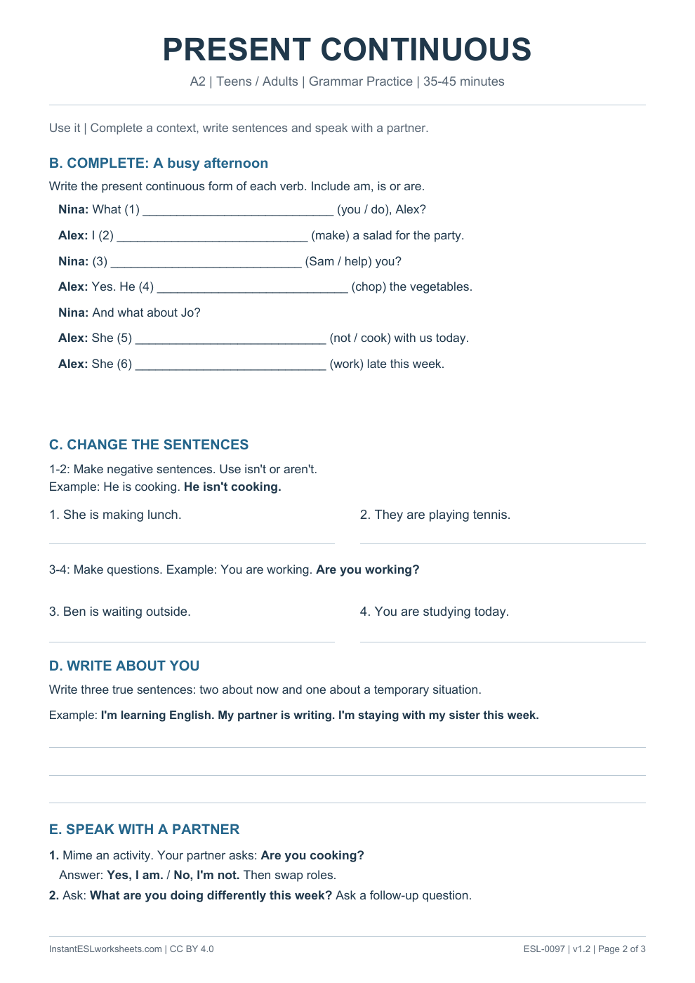 Page 2 of Present Continuous - Grammar Practice
