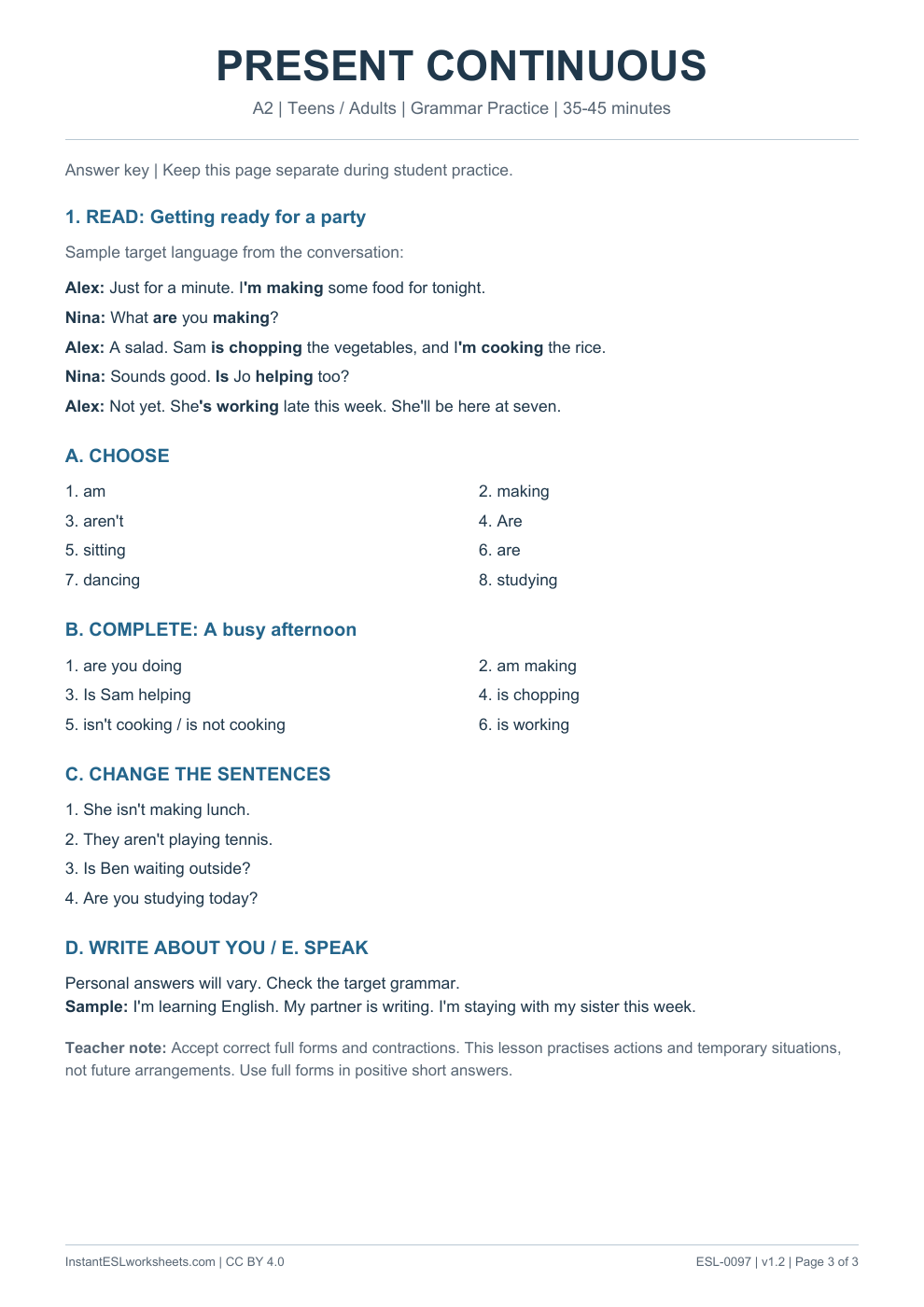 Page 3 of Present Continuous - Grammar Practice - answer key