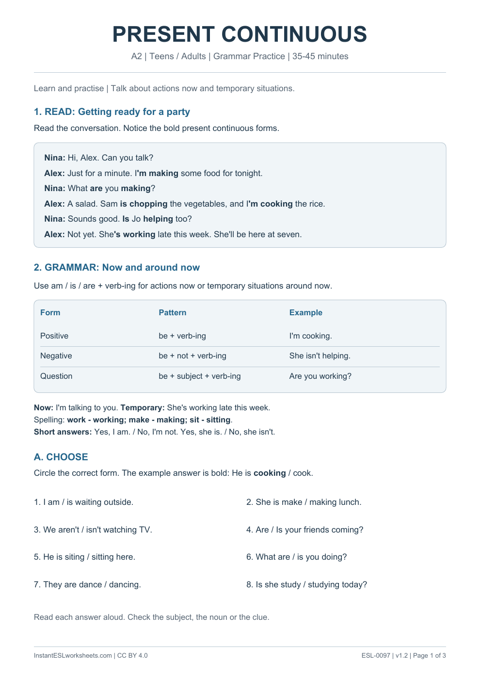 Page 1 of Present Continuous - Grammar Practice