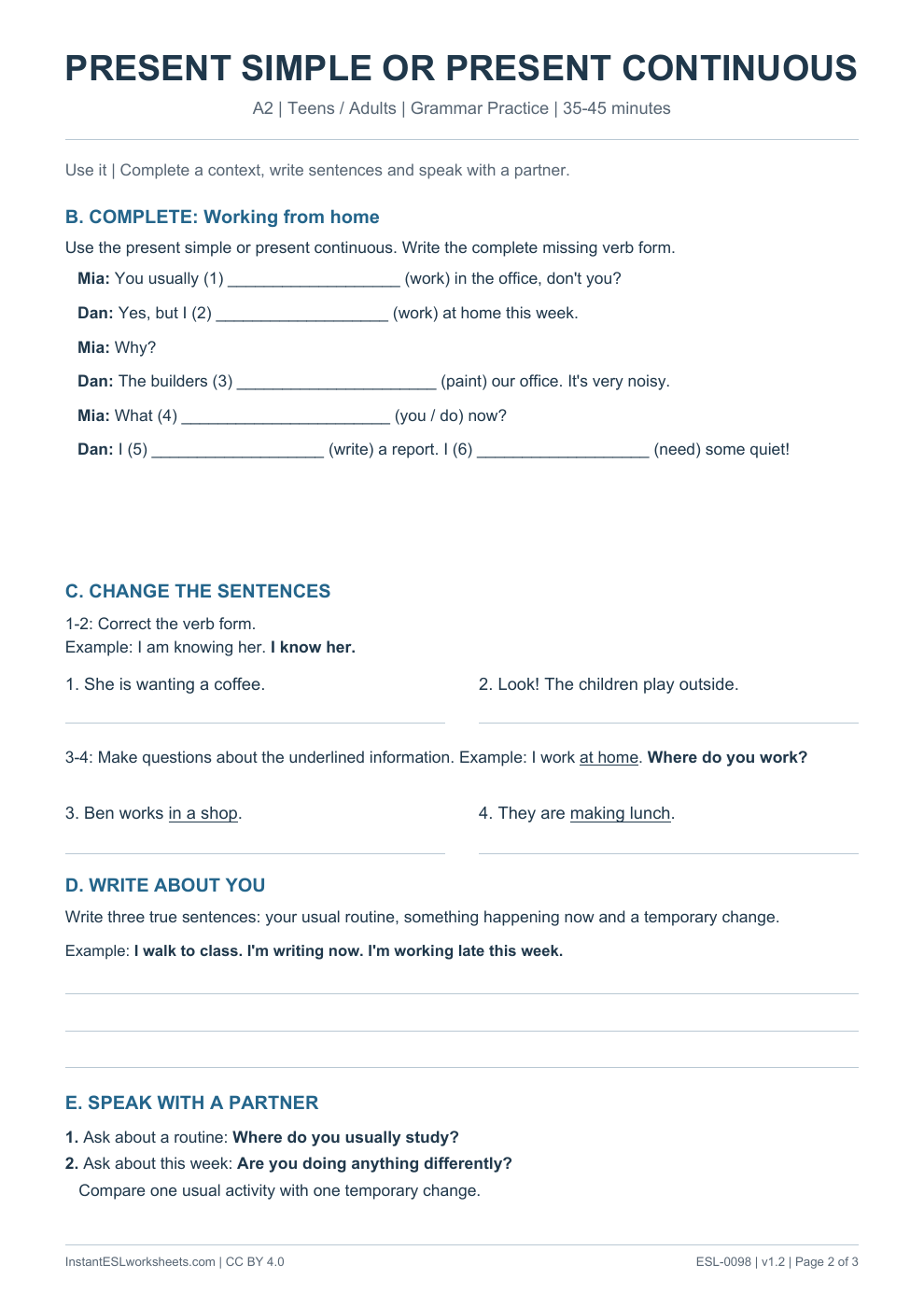 Page 2 of Present Simple or Present Continuous - Grammar Practice