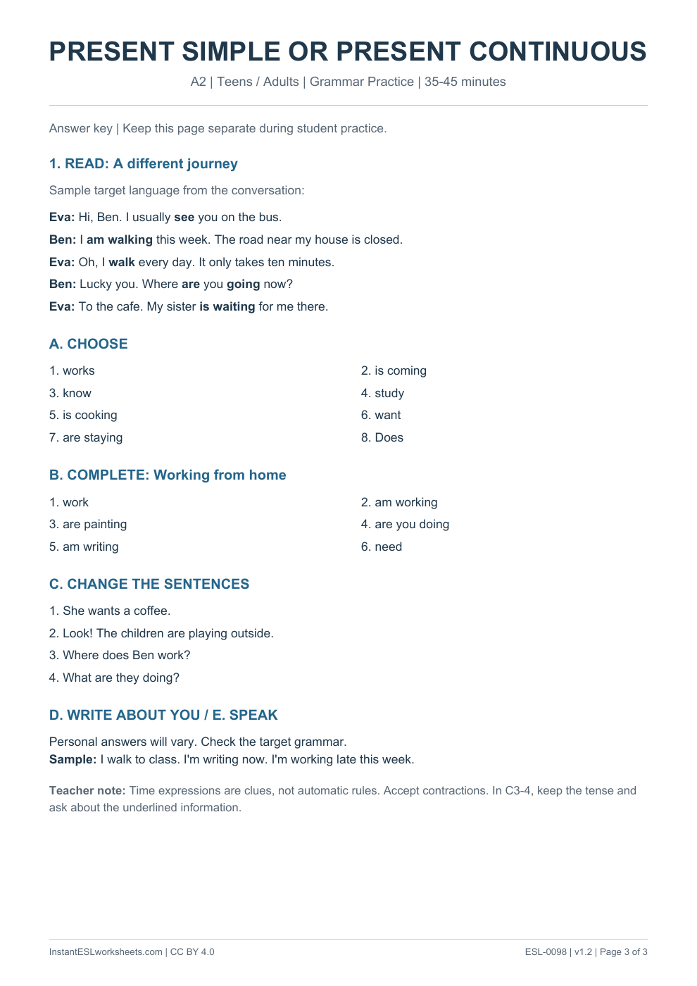 Page 3 of Present Simple or Present Continuous - Grammar Practice - answer key