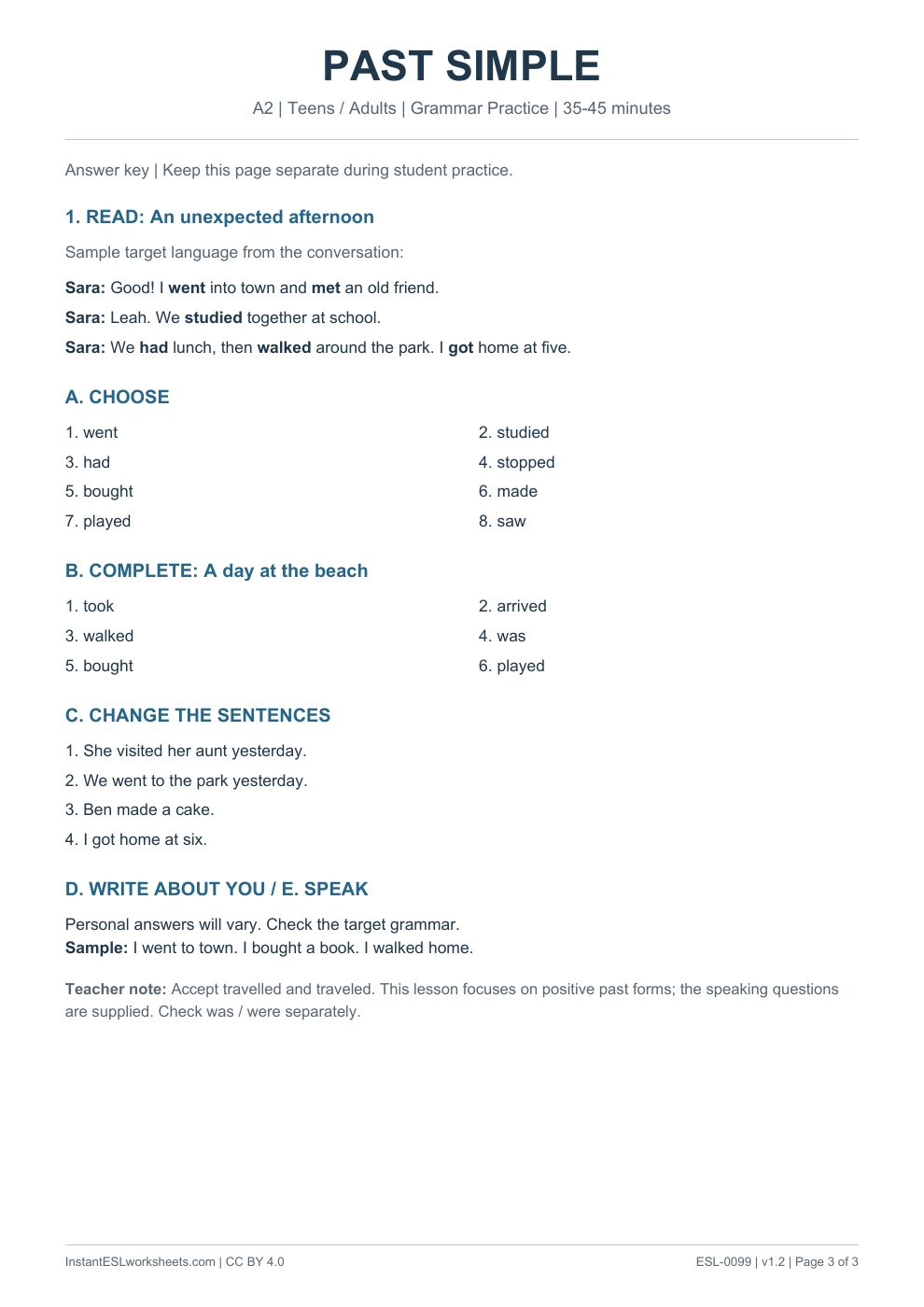 Page 3 of Past Simple - Grammar Practice - answer key