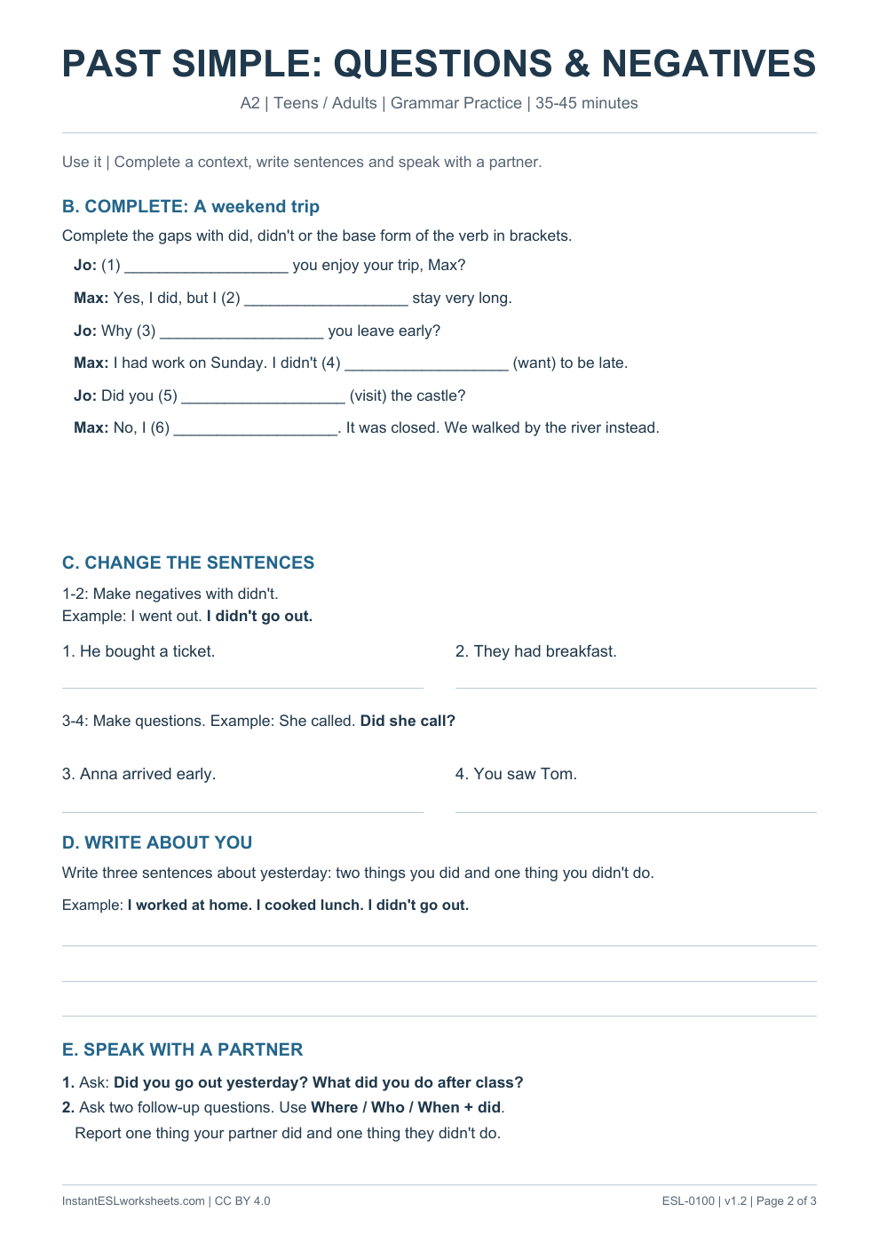 Page 2 of Past Simple Questions and Negatives - Grammar Practice