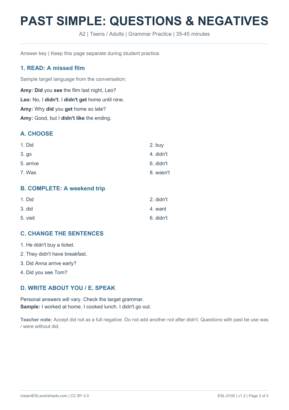 Page 3 of Past Simple Questions and Negatives - Grammar Practice - answer key