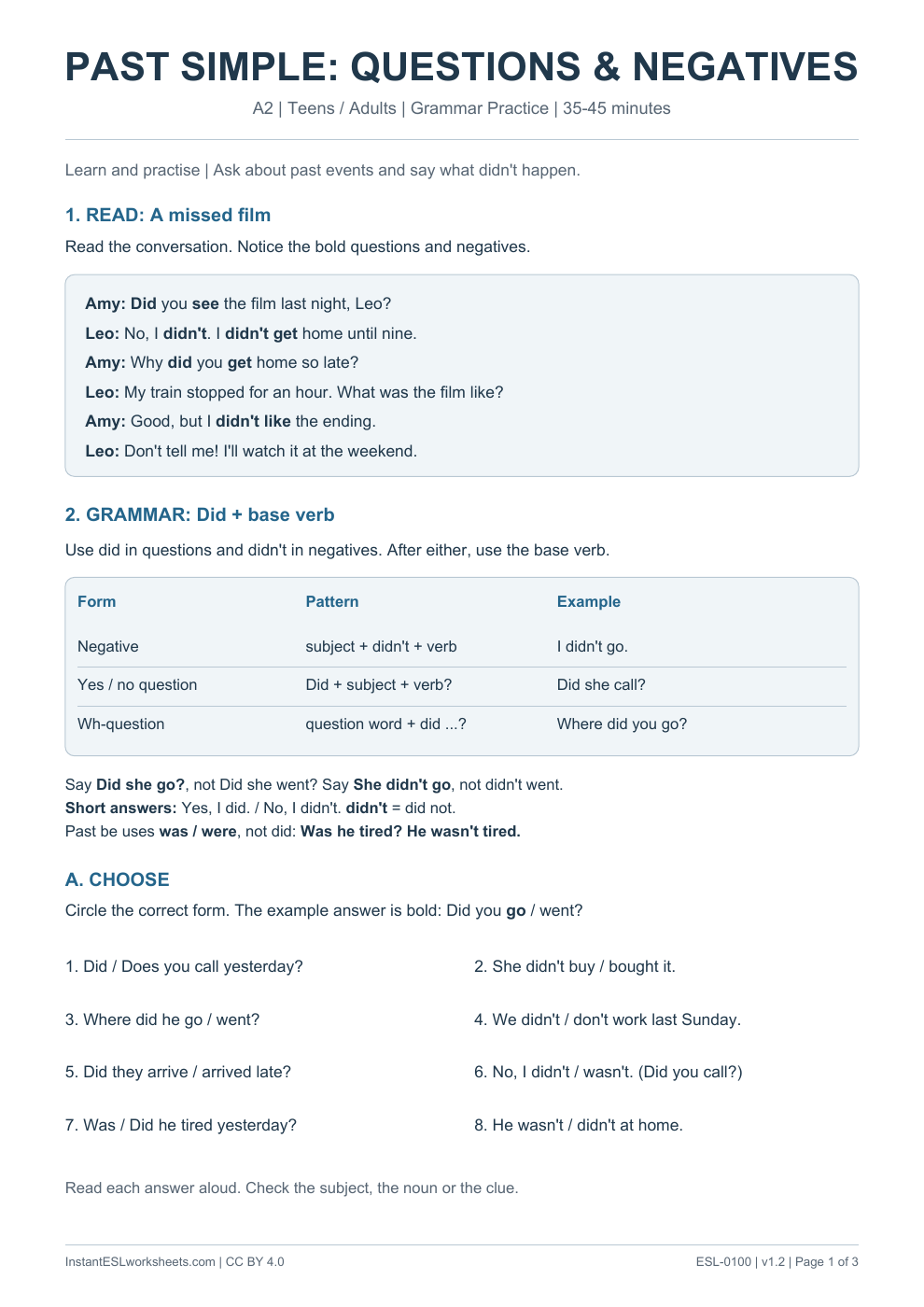Page 1 of Past Simple Questions and Negatives - Grammar Practice