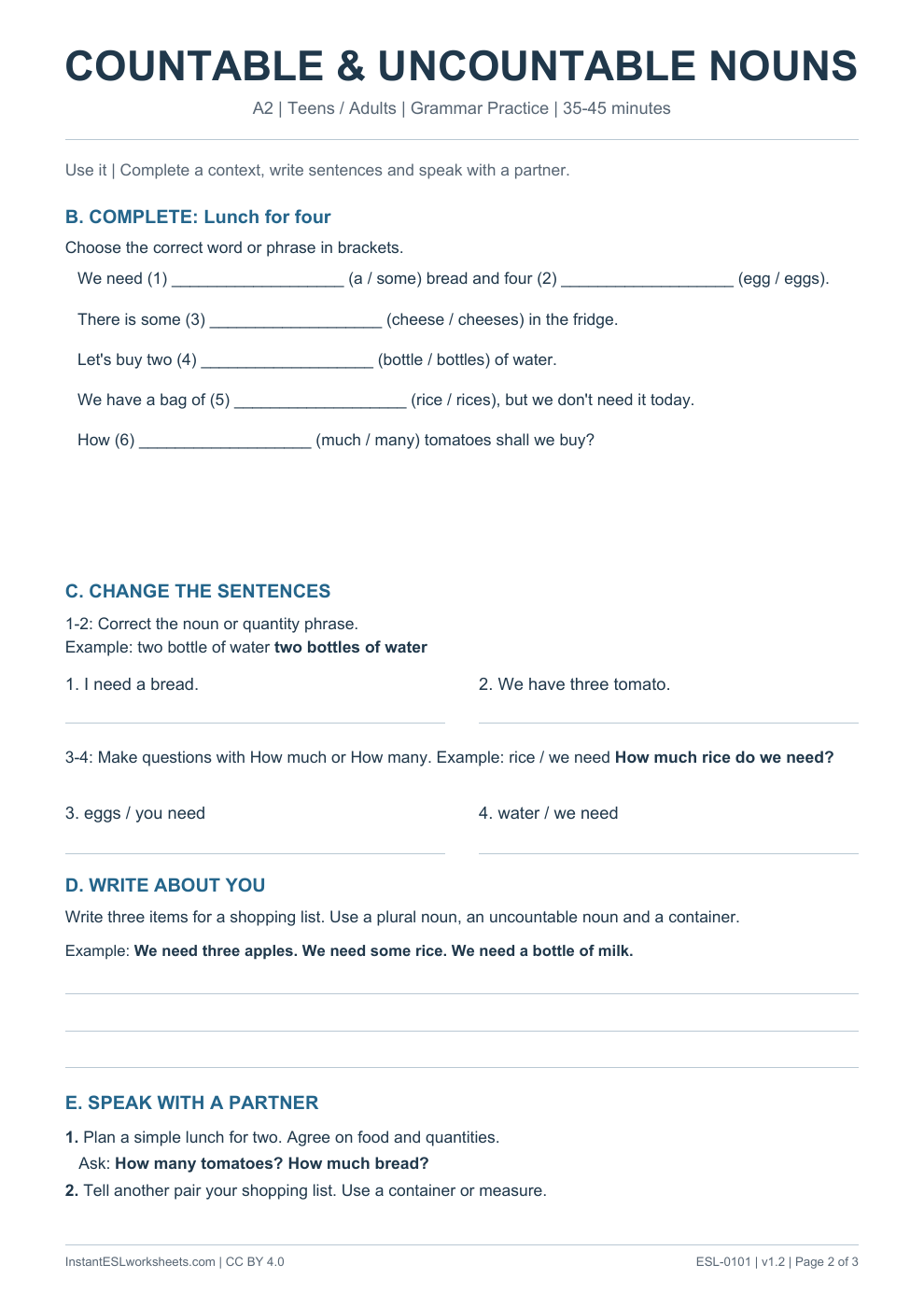 Page 2 of Countable and Uncountable Nouns - Grammar Practice