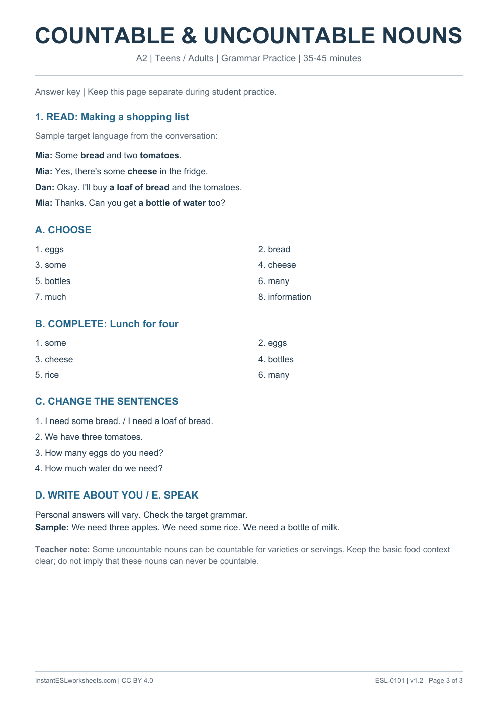 Page 3 of Countable and Uncountable Nouns - Grammar Practice - answer key
