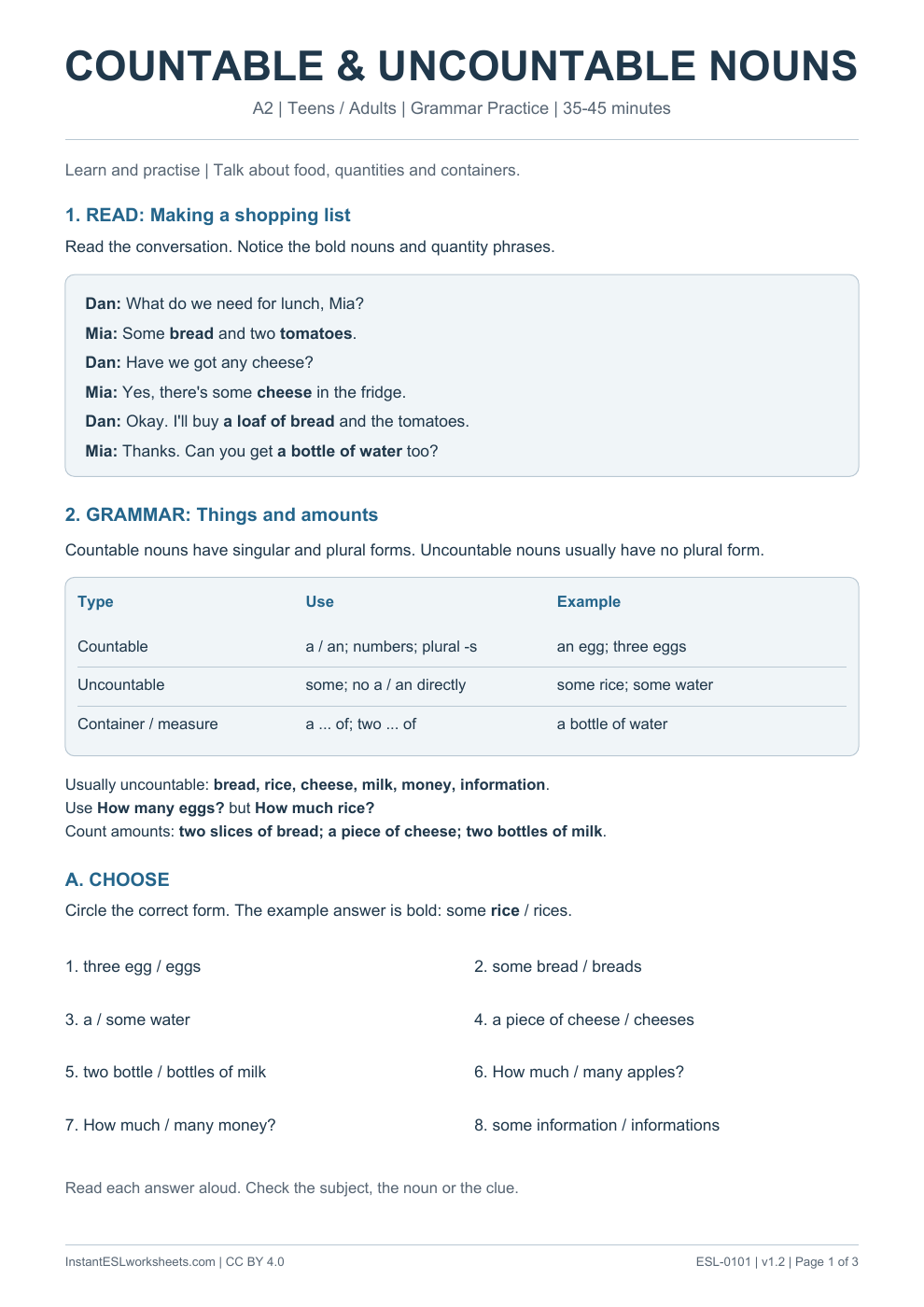 Page 1 of Countable and Uncountable Nouns - Grammar Practice
