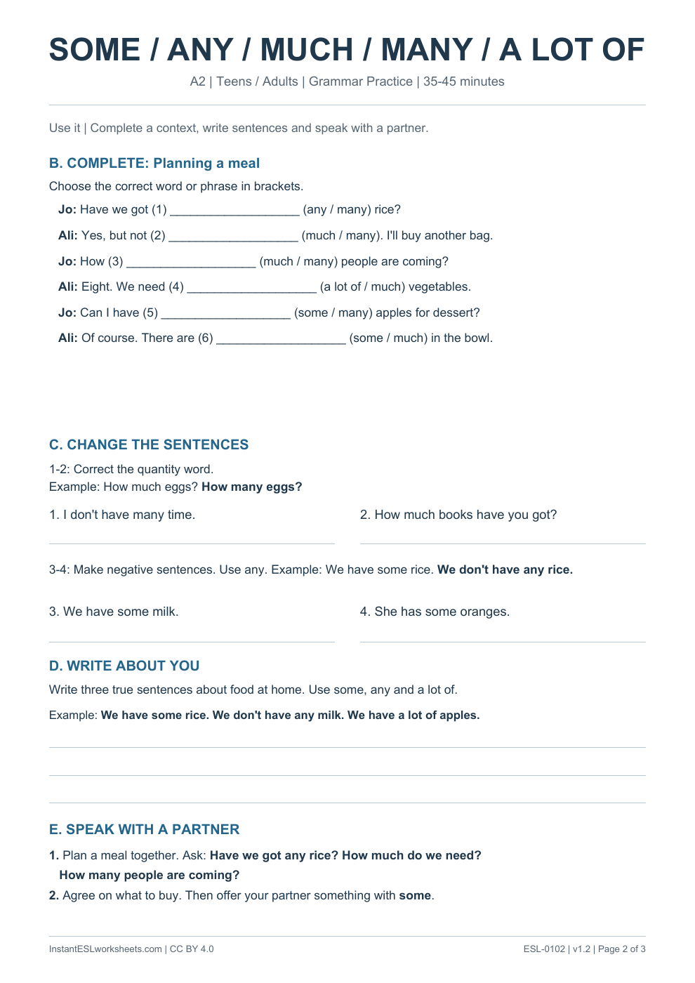 Page 2 of Some Any Much Many A Lot of - Grammar Practice
