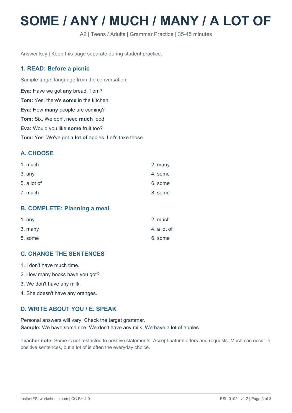 Page 3 of Some Any Much Many A Lot of - Grammar Practice - answer key