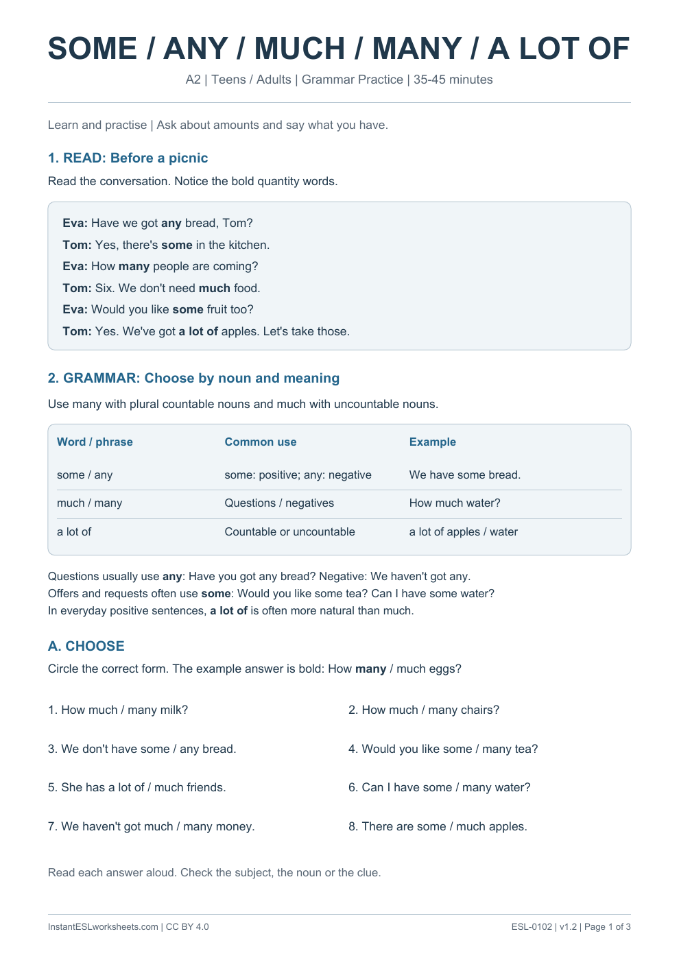 Page 1 of Some Any Much Many A Lot of - Grammar Practice