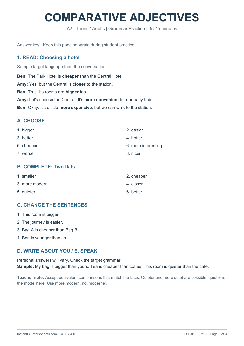 Page 3 of Comparative Adjectives - Grammar Practice - answer key