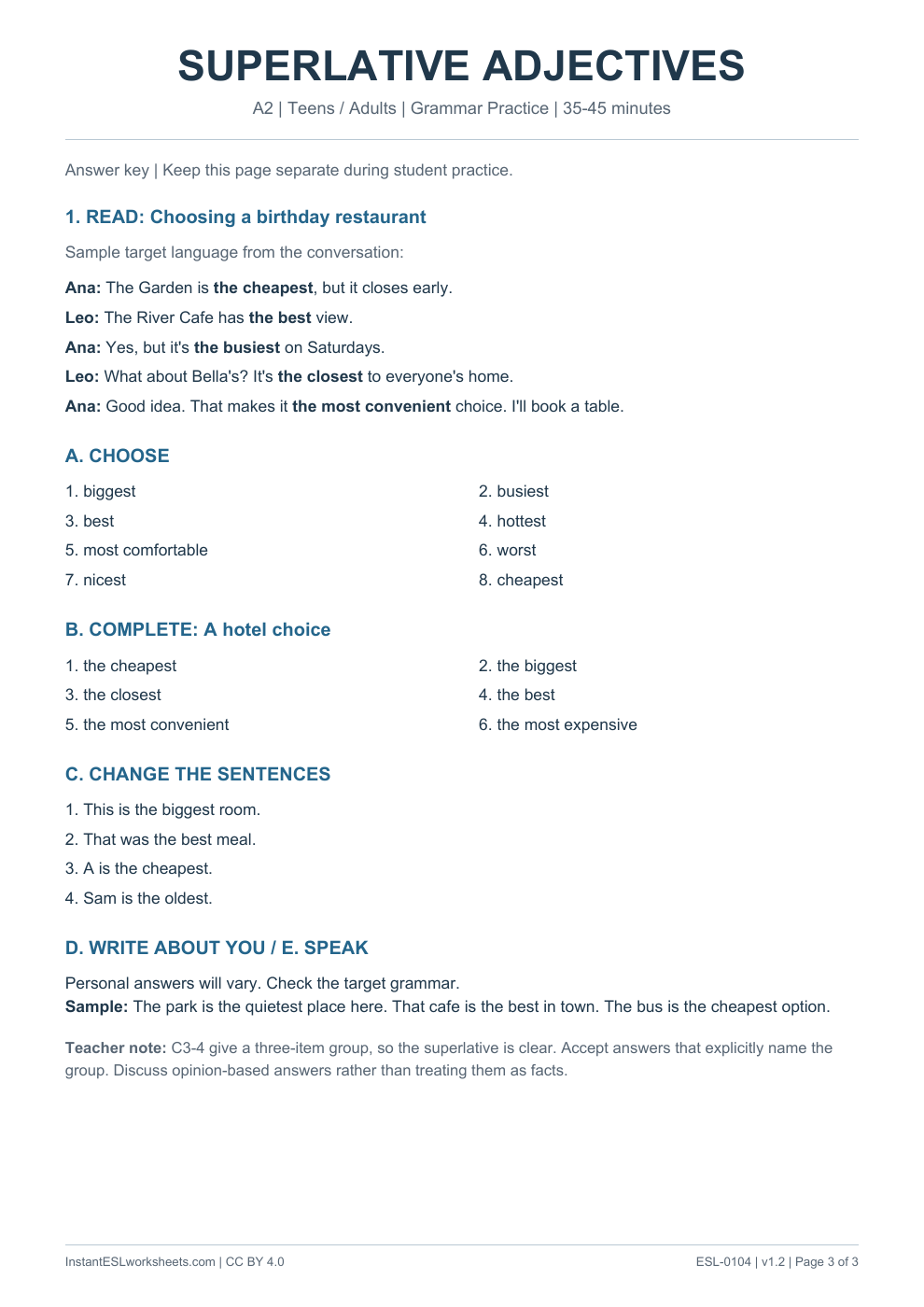 Page 3 of Superlative Adjectives - Grammar Practice - answer key