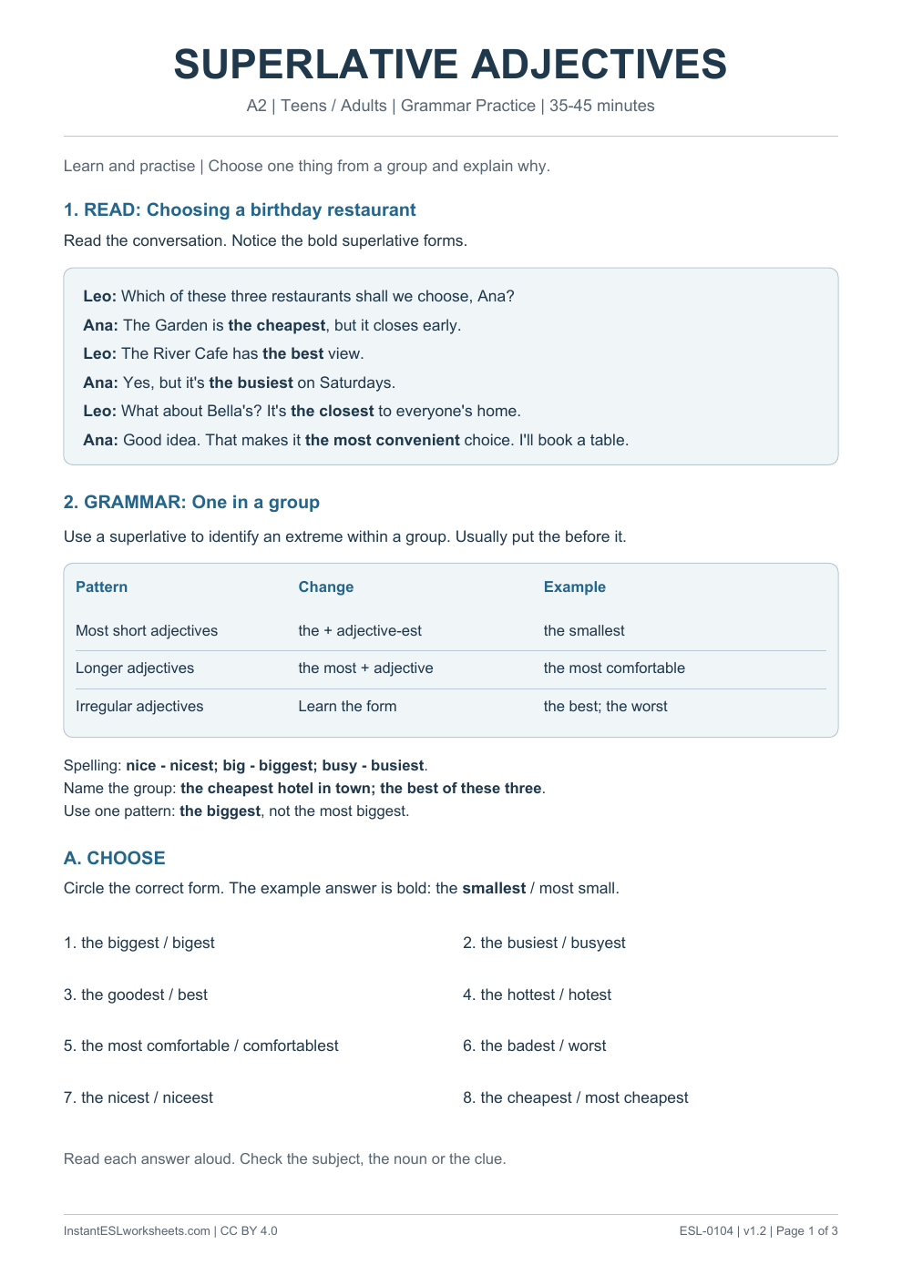 Page 1 of Superlative Adjectives - Grammar Practice