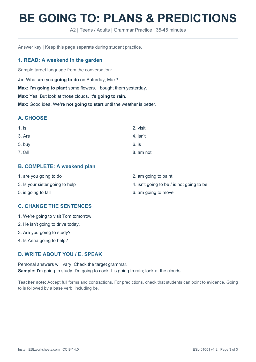 Page 3 of Be Going To Plans and Predictions - Grammar Practice - answer key