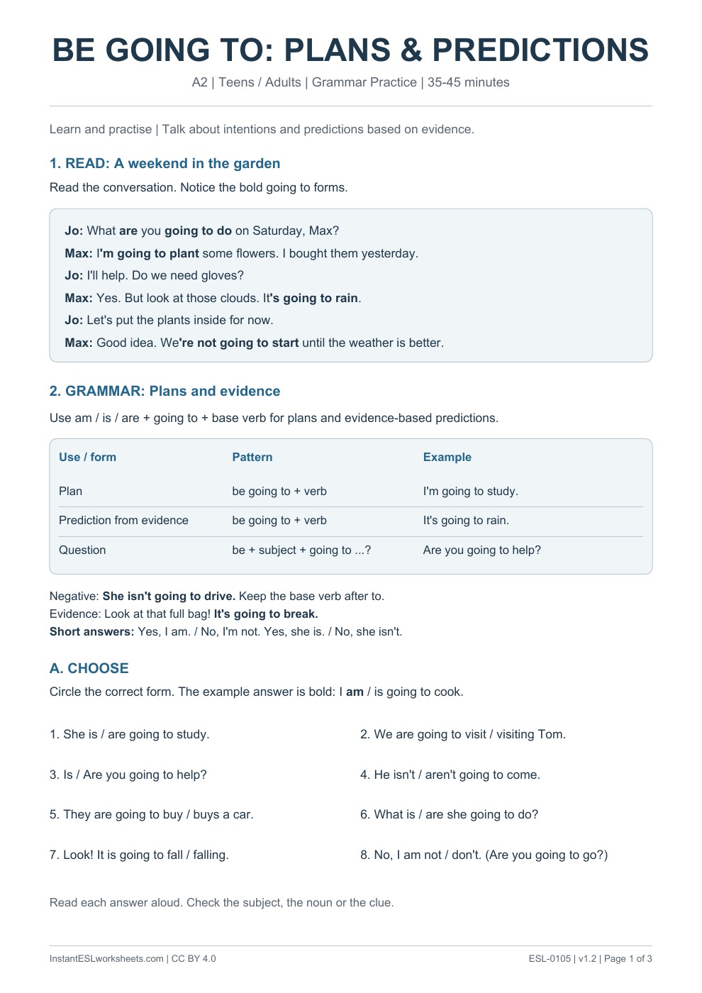 Page 1 of Be Going To Plans and Predictions - Grammar Practice
