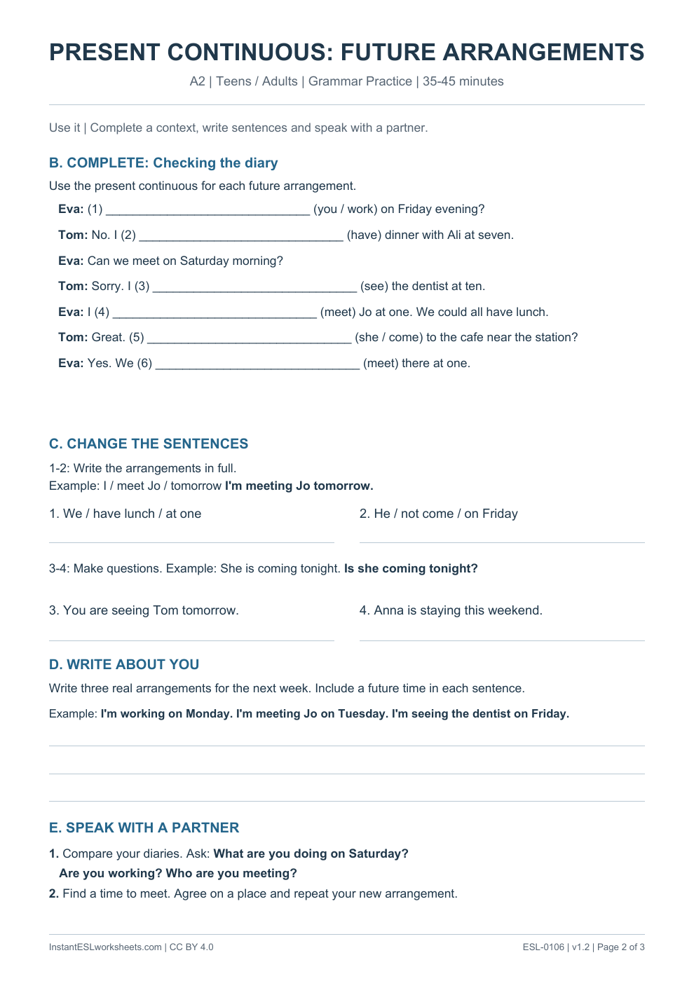 Page 2 of Present Continuous Future Arrangements - Grammar Practice