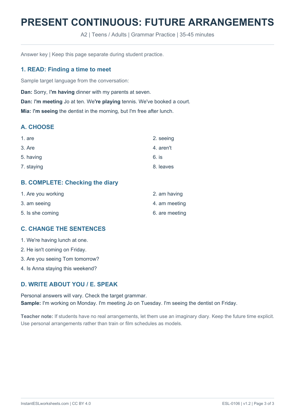 Page 3 of Present Continuous Future Arrangements - Grammar Practice - answer key