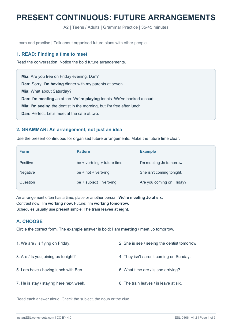 Page 1 of Present Continuous Future Arrangements - Grammar Practice