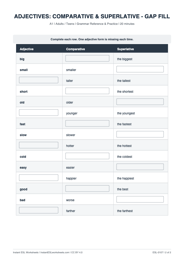 Page 2 of Adjectives: Comparative & Superlative — A1