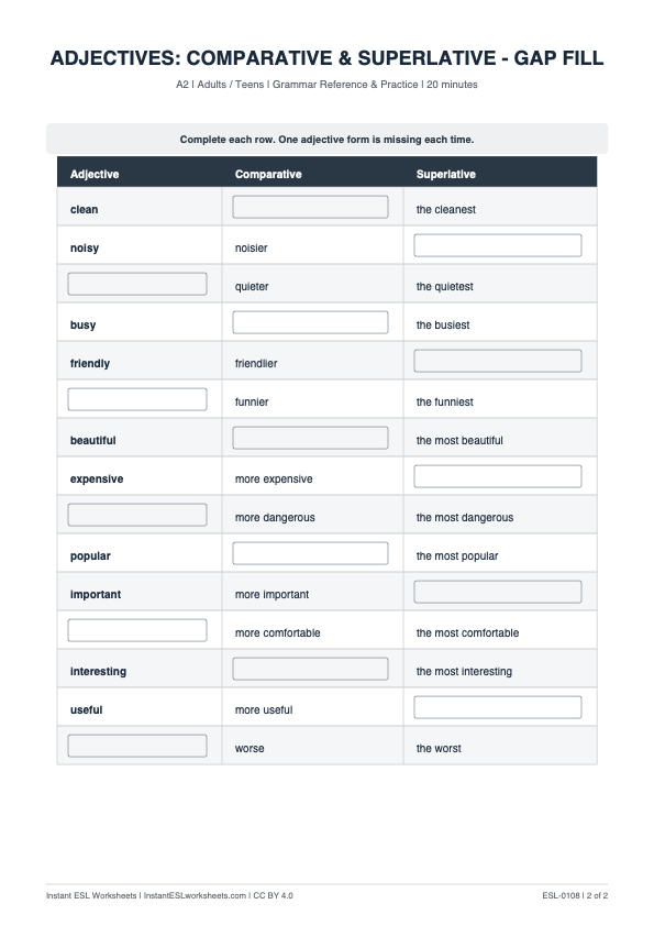 Page 2 of Adjectives: Comparative & Superlative — A2