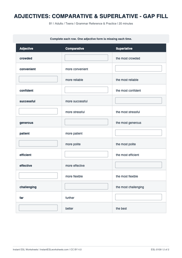 Page 2 of Adjectives: Comparative & Superlative — B1
