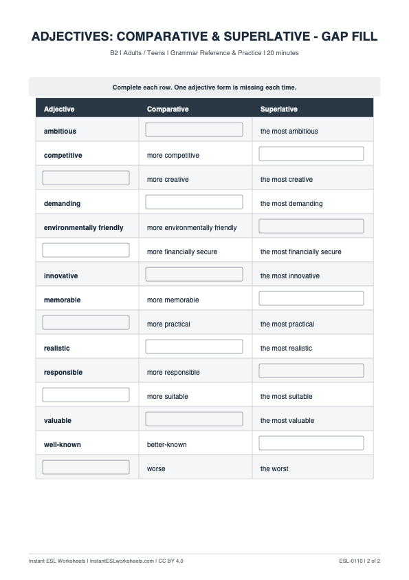 Page 2 of Adjectives: Comparative & Superlative — B2