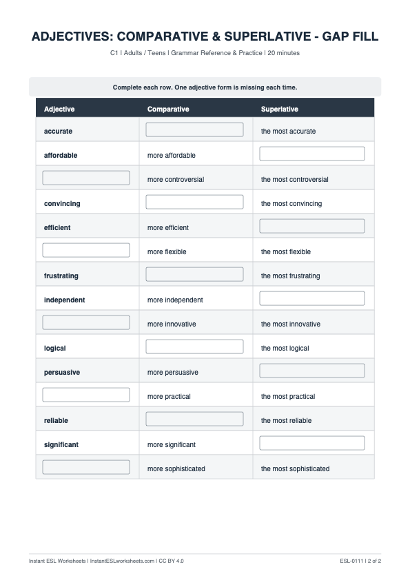 Page 2 of Adjectives: Comparative & Superlative — C1
