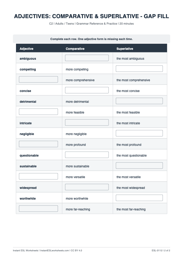 Page 2 of Adjectives: Comparative & Superlative — C2