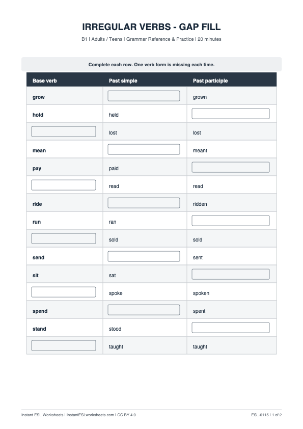 Page 1 of Irregular Verbs: Gap Fill — B1