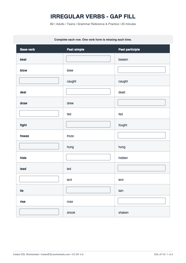 Page 1 of Irregular Verbs: Gap Fill — B2