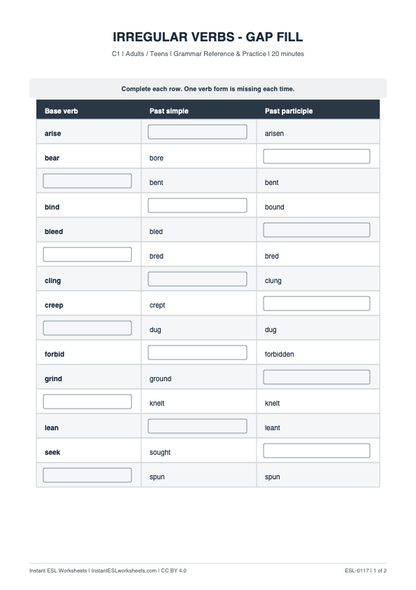Page 1 of Irregular Verbs: Gap Fill — C1