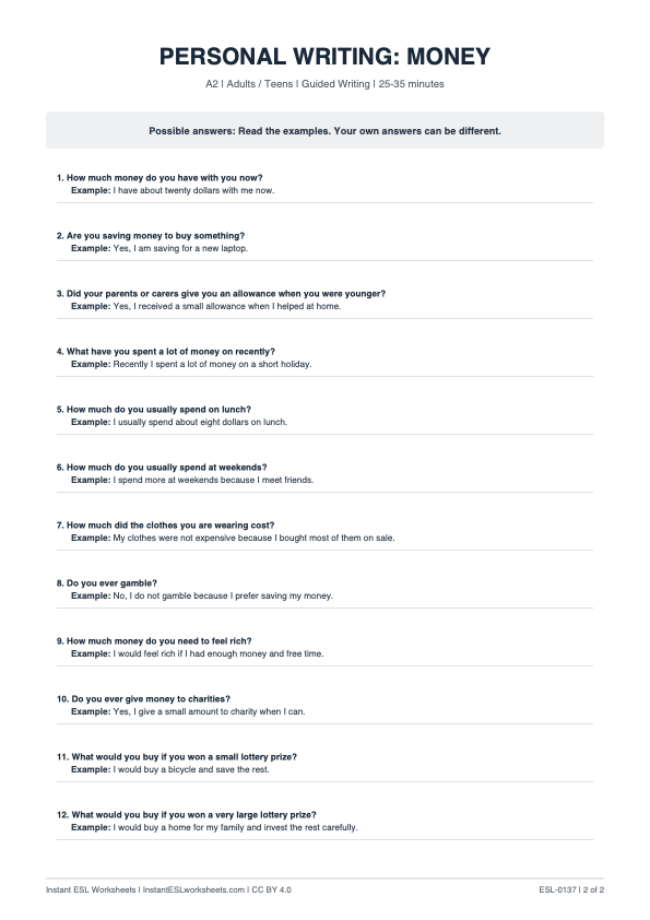 Page 2 of Money - answer key