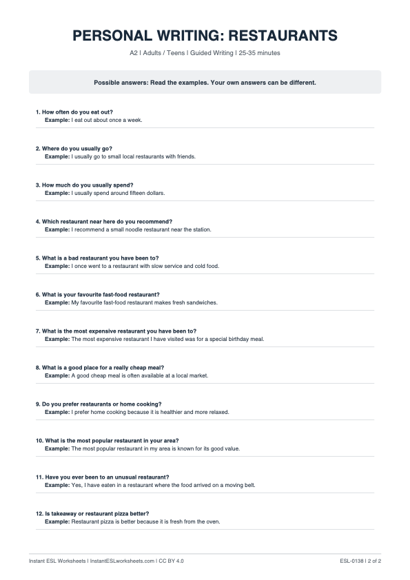 Page 2 of Restaurants - answer key