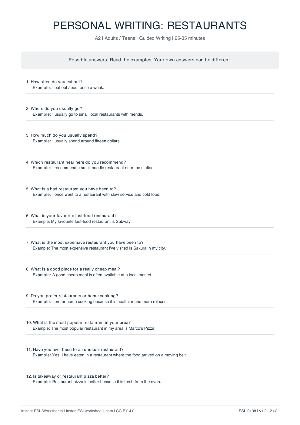 Page 2 of Restaurants - answer key