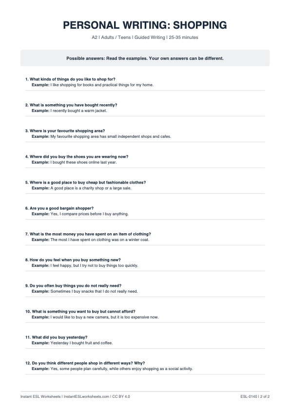 Page 2 of Shopping - answer key