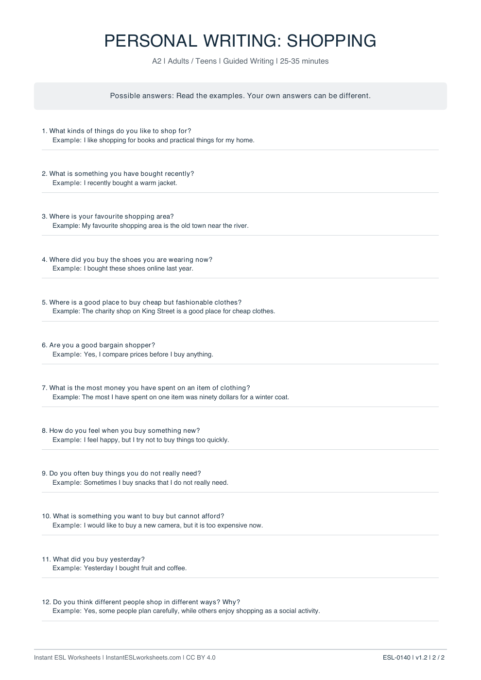 Page 2 of Shopping - answer key