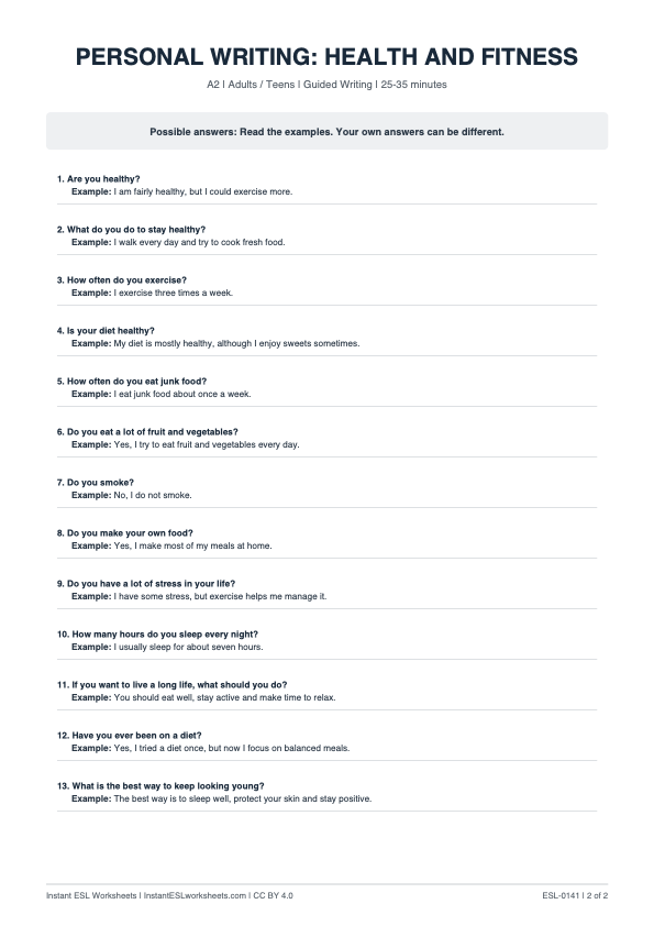 Page 2 of Health And Fitness - answer key