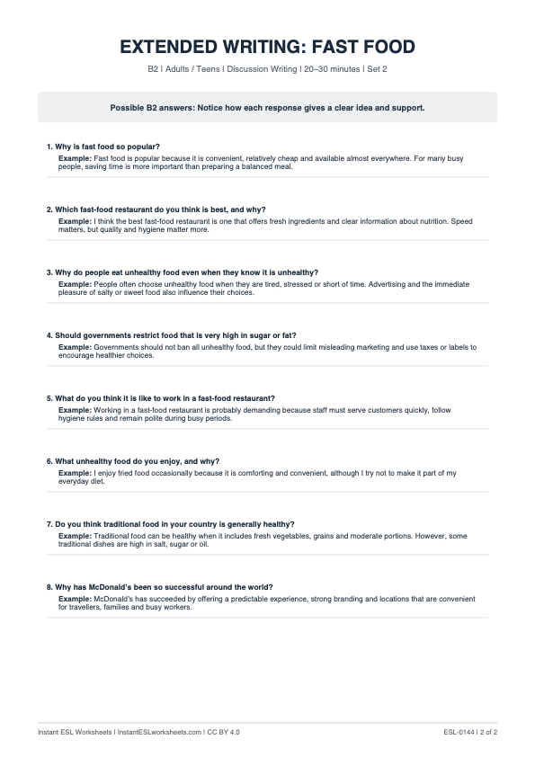 Page 2 of Fast Food - answer key