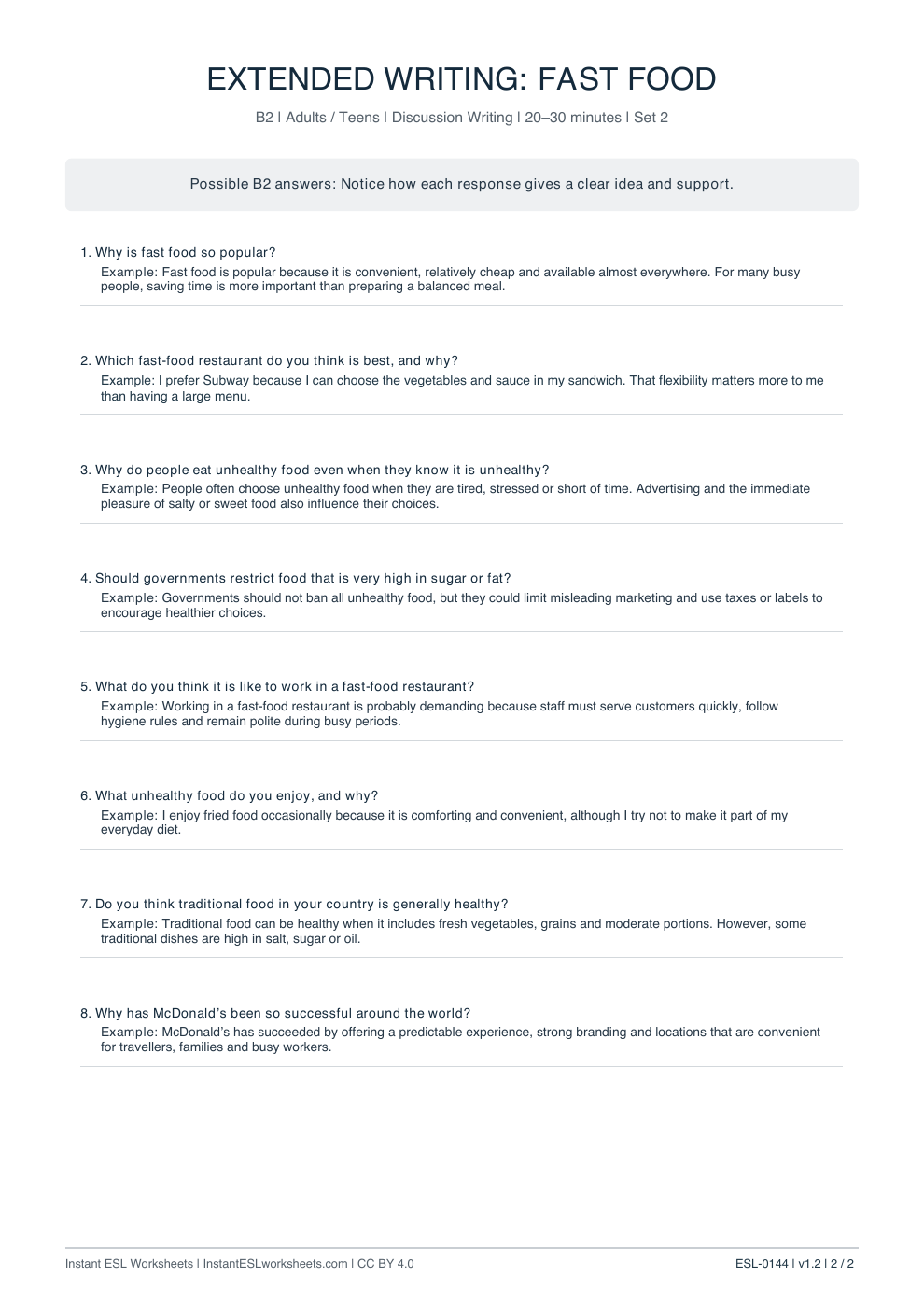 Page 2 of Fast Food - answer key