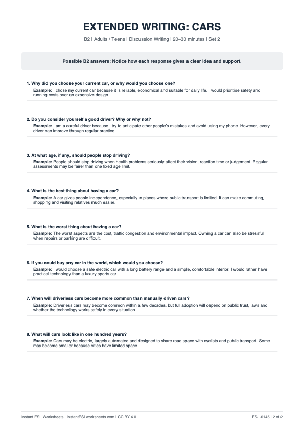 Page 2 of Cars - answer key