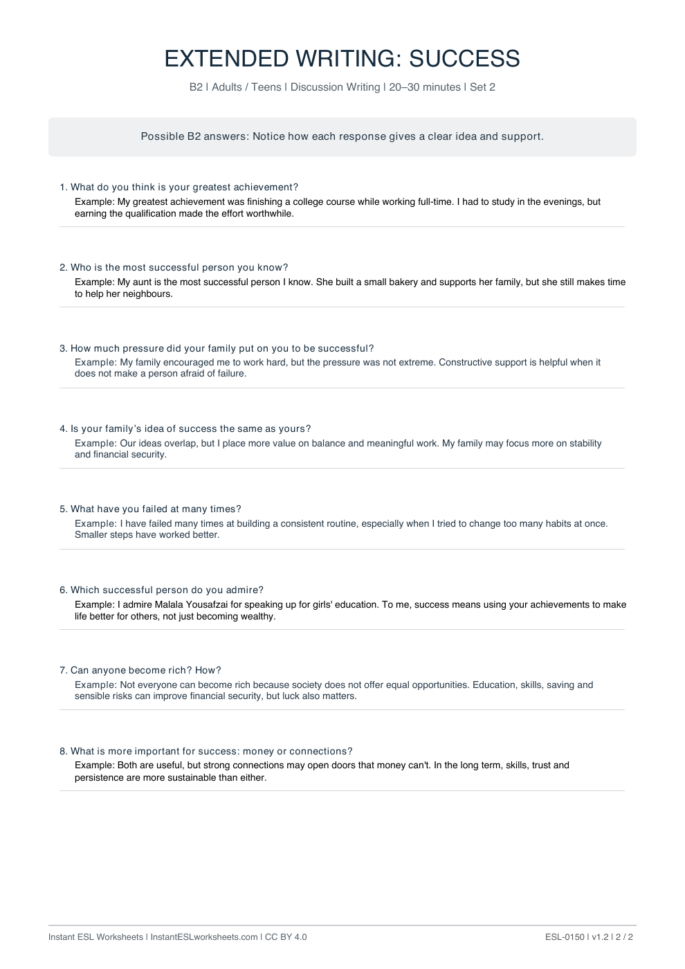 Page 2 of Success - answer key