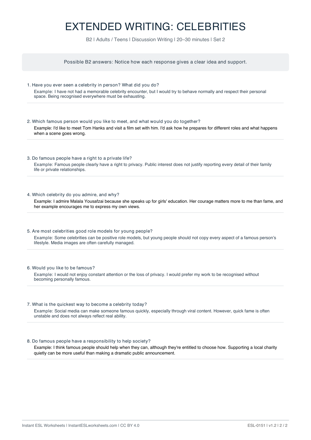 Page 2 of Celebrities - answer key