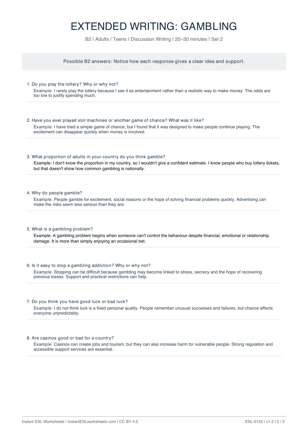Page 2 of Gambling - answer key