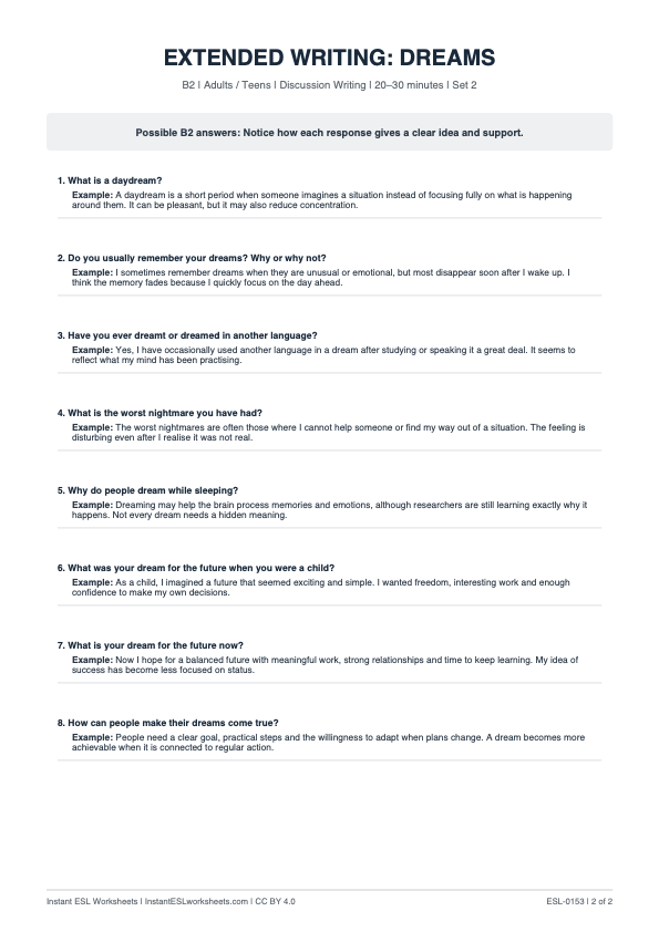 Page 2 of Dreams - answer key