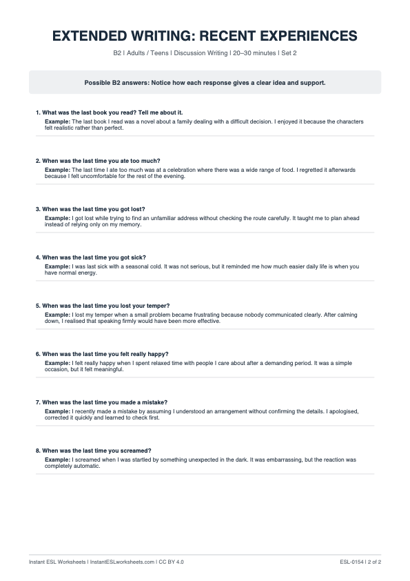Page 2 of Recent Experiences - answer key