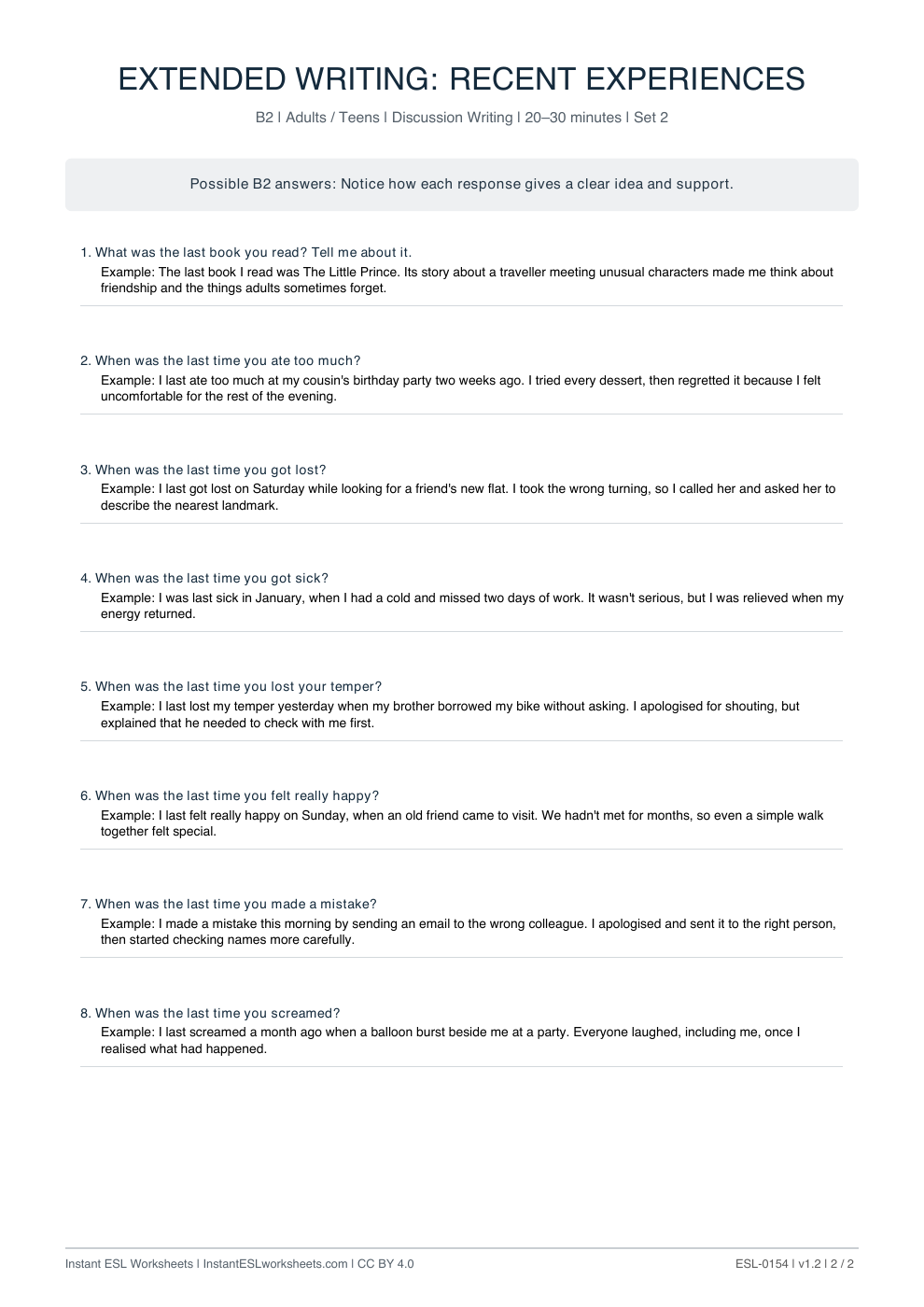 Page 2 of Recent Experiences - answer key