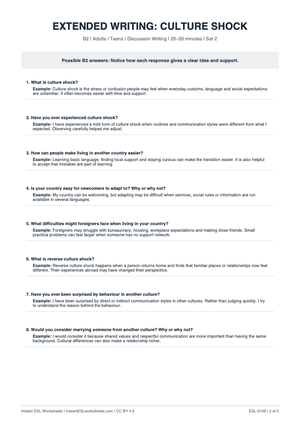 Page 2 of Culture Shock - answer key
