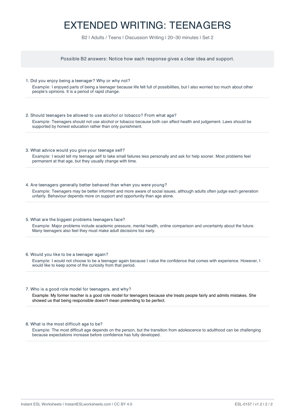Page 2 of Teenagers - answer key